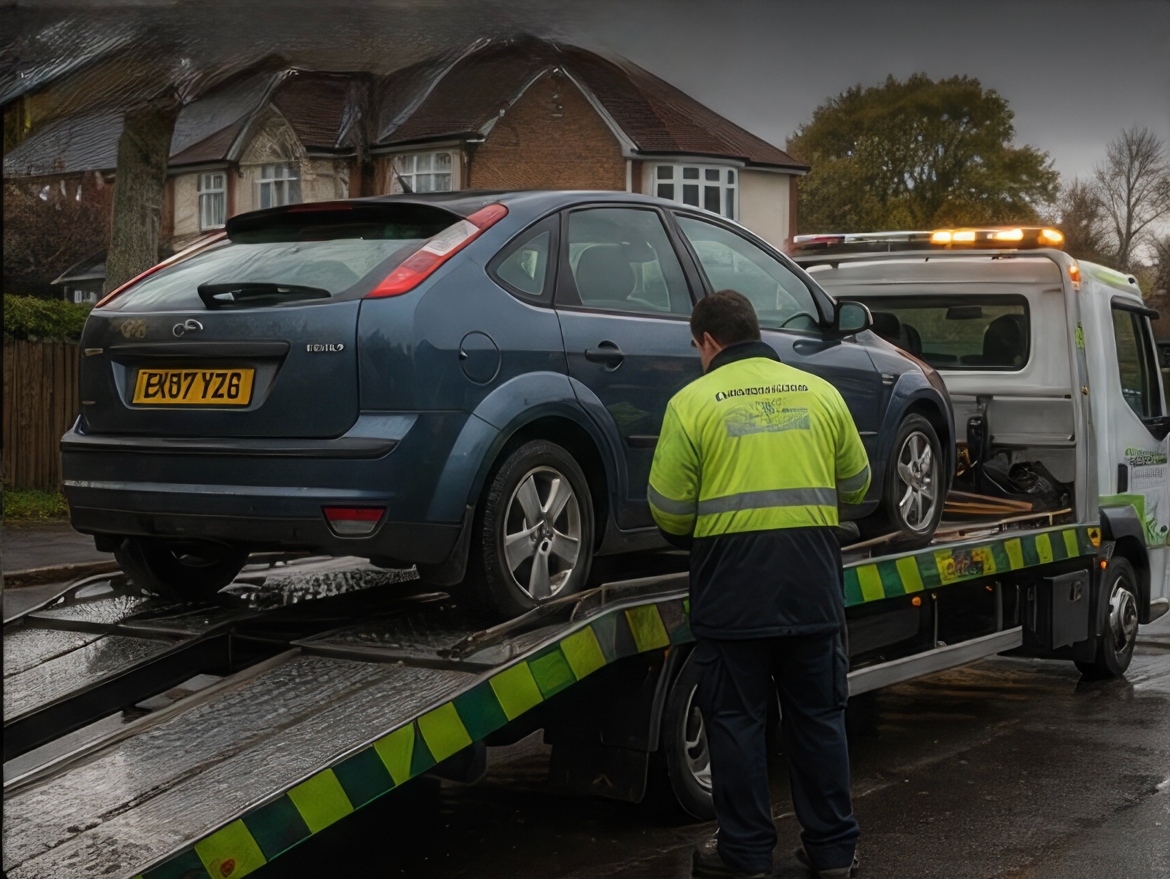 Vehicle being loaded onto the CARBUYS4CASH flatbed for collection.