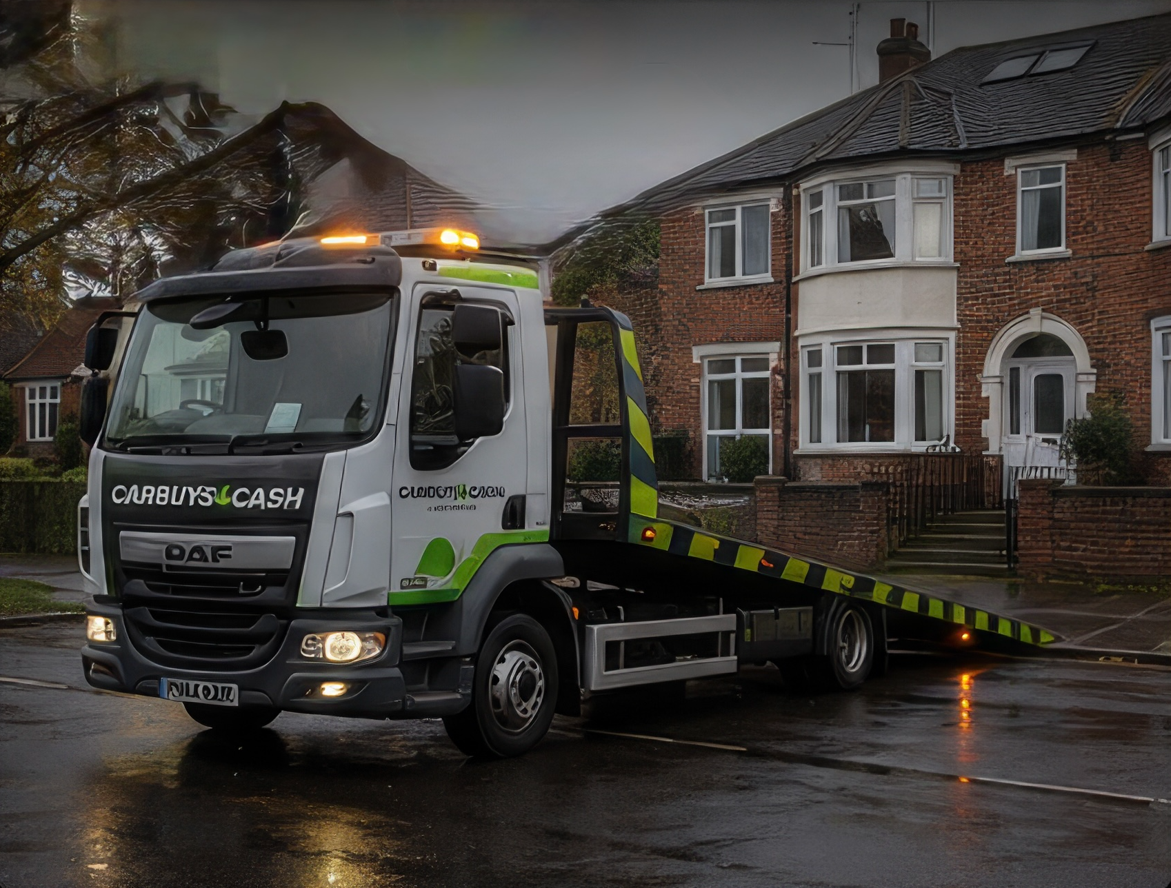 CARBUYS4CASH recovery truck arriving on a residential street.