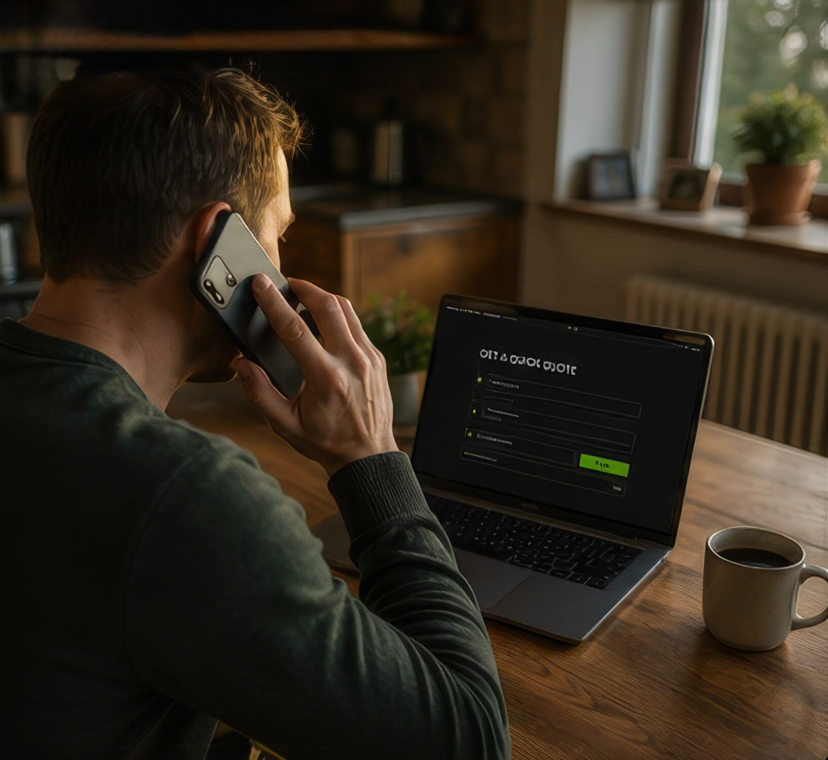 Customer on the phone while requesting a quick quote on a laptop at home.