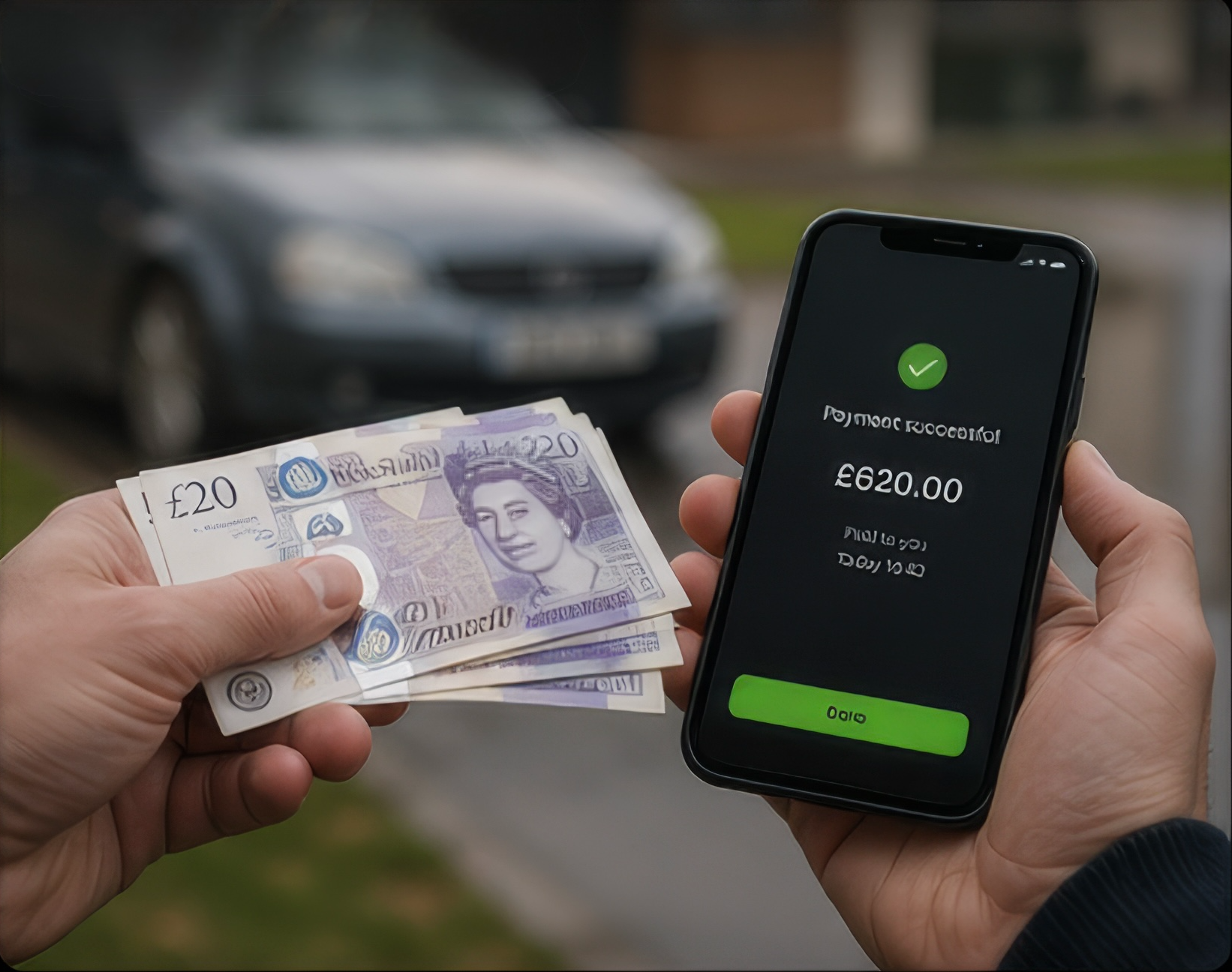 Seller receiving cash and seeing a successful bank payment confirmation on a phone.